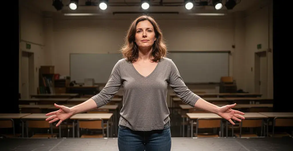 Femme sur scène de théâtre travaillant sa confiance en prise de parole